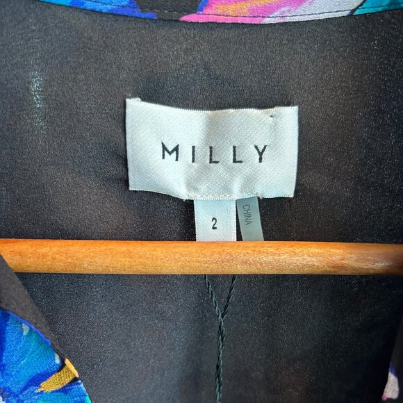 Milly NWT Blue Black Multi Hadlee Chiffon Mini Dress Floating Cosmos Print Sz 2 - Picture 7 of 16